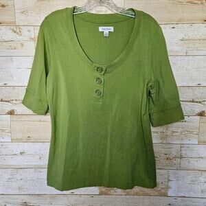 Y2K Calvin Klein 3/4 Sleeve Shirt Women M Stretch Office Work Church Retro Green